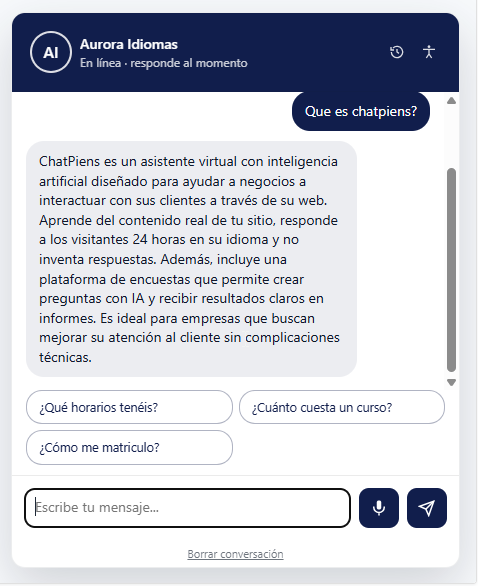 Asistente virtual con IA de ChatPiens en una web